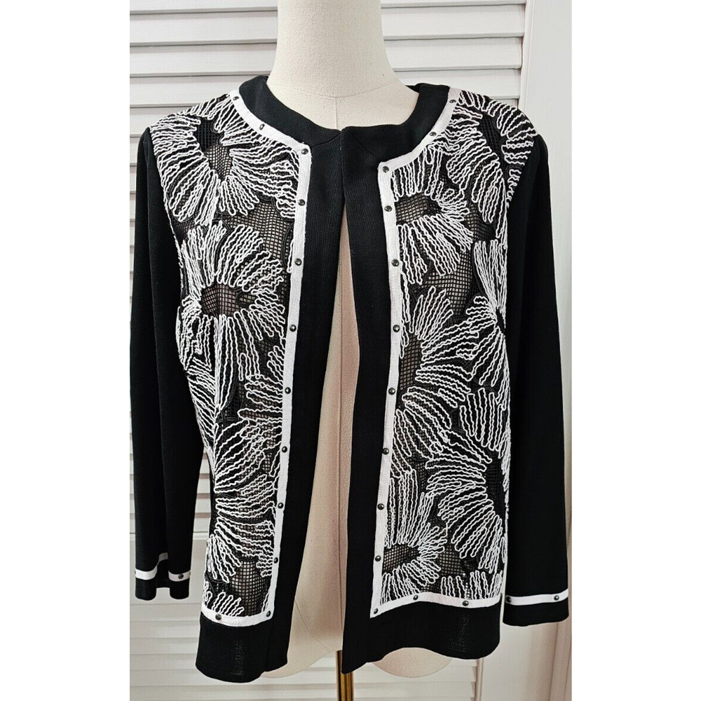 Ming Wang‎ Sz PM Floral Design Black Knit Cardigan Jacket Hook Eye Career Artsy